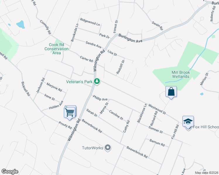 map of restaurants, bars, coffee shops, grocery stores, and more near 9 Westwood Street in Burlington