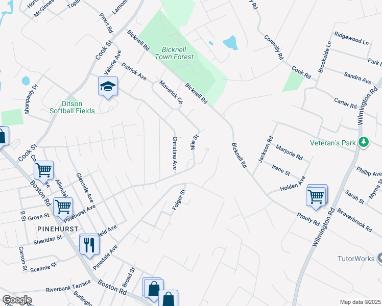 map of restaurants, bars, coffee shops, grocery stores, and more near 33 Nile Street in Billerica