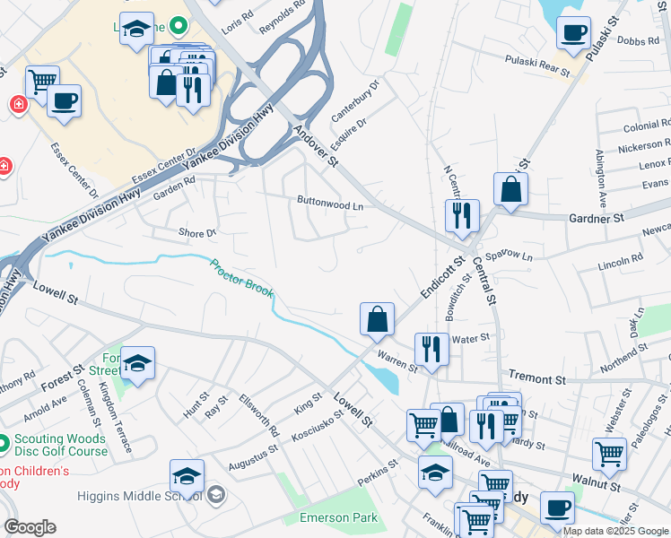map of restaurants, bars, coffee shops, grocery stores, and more near 9 Jill's Way in Peabody