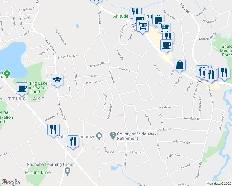 map of restaurants, bars, coffee shops, grocery stores, and more near 65 Wyman Road in Billerica