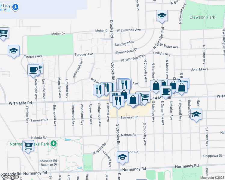 map of restaurants, bars, coffee shops, grocery stores, and more near 100 North Crooks Road in Clawson