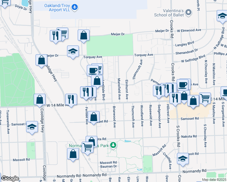 map of restaurants, bars, coffee shops, grocery stores, and more near 4839 Briarwood Avenue in Royal Oak