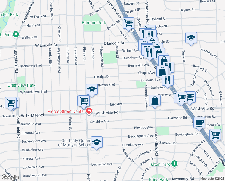 map of restaurants, bars, coffee shops, grocery stores, and more near 1794 Grant Street in Birmingham
