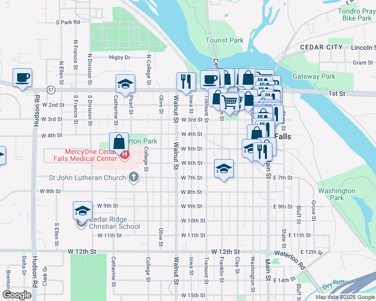 map of restaurants, bars, coffee shops, grocery stores, and more near 503 Iowa Street in Cedar Falls