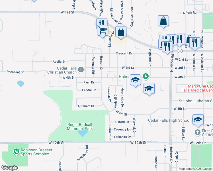 map of restaurants, bars, coffee shops, grocery stores, and more near 533 Fireside Drive in Cedar Falls