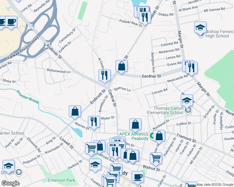 map of restaurants, bars, coffee shops, grocery stores, and more near 8 Wilson Terrace in Peabody