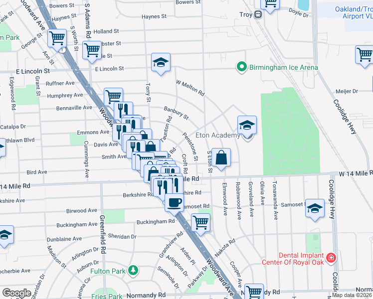 map of restaurants, bars, coffee shops, grocery stores, and more near 1715 Croft Road in Birmingham