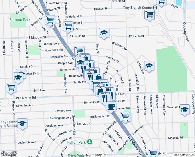 map of restaurants, bars, coffee shops, grocery stores, and more near 1773 Taunton Road in Birmingham