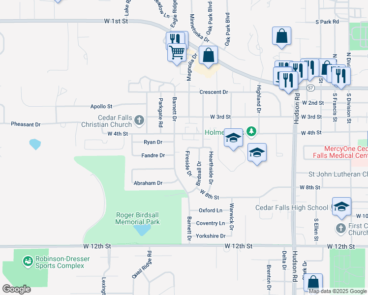 map of restaurants, bars, coffee shops, grocery stores, and more near 533 Fireside Drive in Cedar Falls