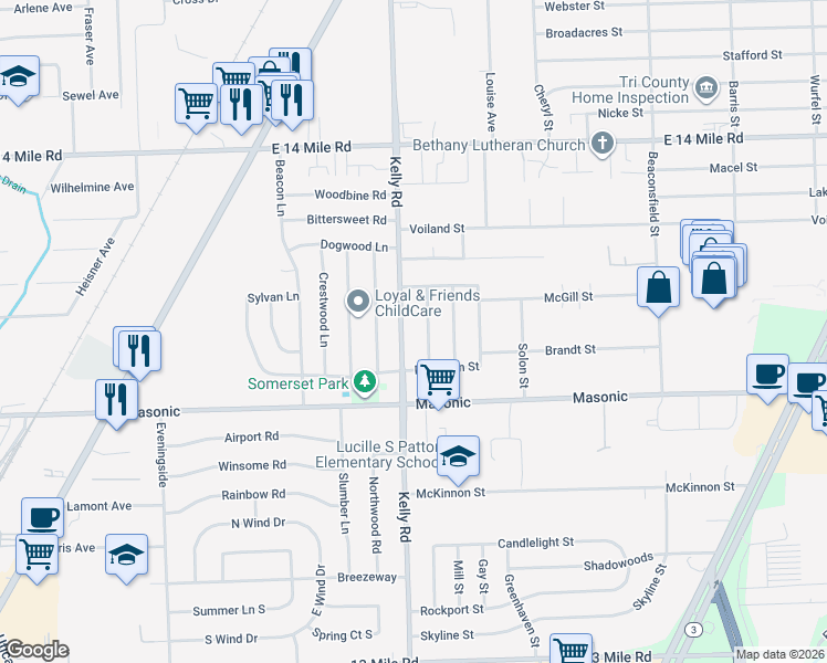 map of restaurants, bars, coffee shops, grocery stores, and more near 32310 Kelly Road in Roseville