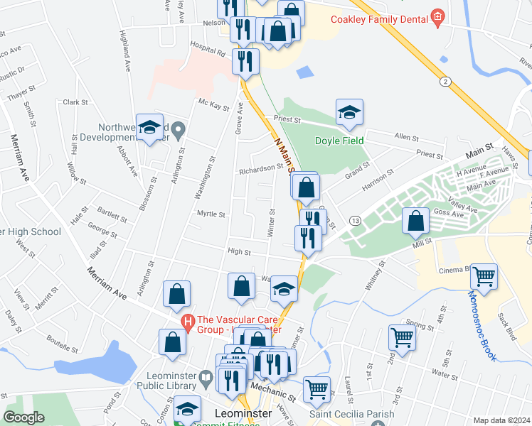 map of restaurants, bars, coffee shops, grocery stores, and more near 80 Winter Street in Leominster