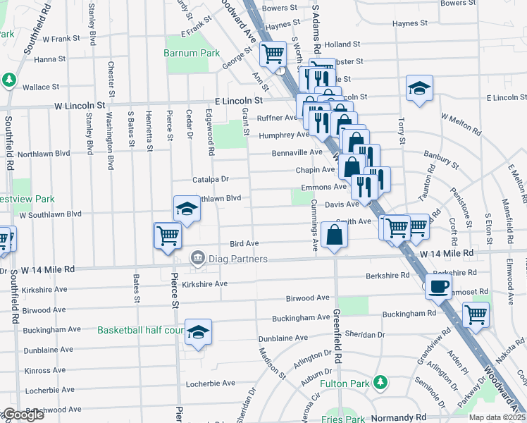 map of restaurants, bars, coffee shops, grocery stores, and more near 664 Davis Avenue in Birmingham