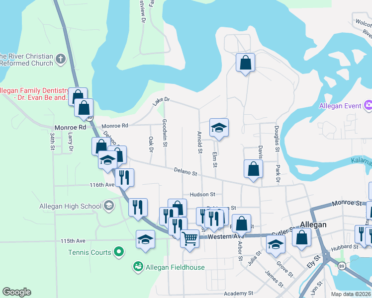 map of restaurants, bars, coffee shops, grocery stores, and more near 171 Arnold Street in Allegan