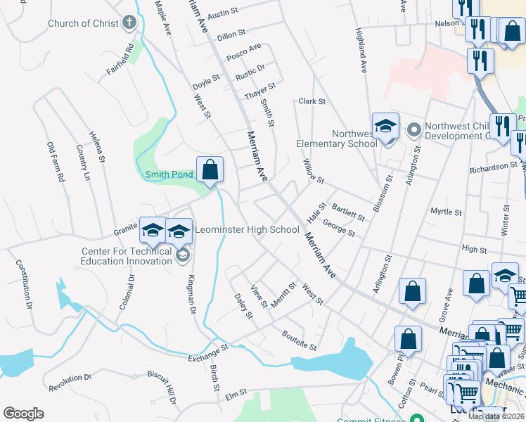 map of restaurants, bars, coffee shops, grocery stores, and more near 32 Porter Street in Leominster
