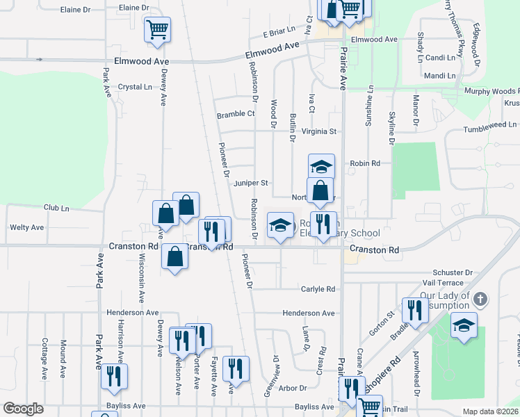 map of restaurants, bars, coffee shops, grocery stores, and more near 2262 Robinson Drive in Beloit