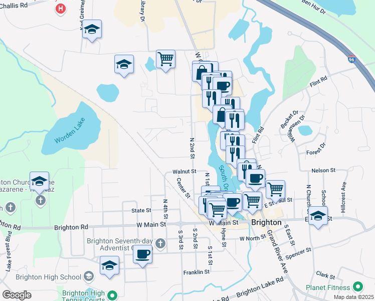 map of restaurants, bars, coffee shops, grocery stores, and more near 621 North 2nd Street in Brighton