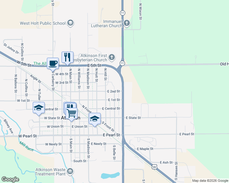 map of restaurants, bars, coffee shops, grocery stores, and more near 601 East 2nd Street in Atkinson