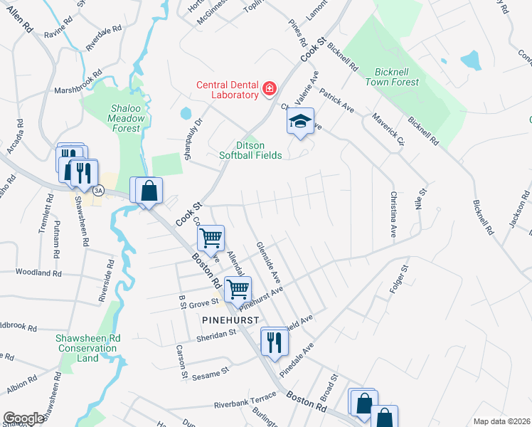 map of restaurants, bars, coffee shops, grocery stores, and more near 18 Ridgeway Ave in Billerica