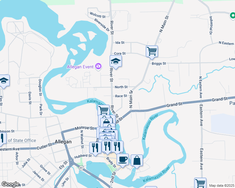 map of restaurants, bars, coffee shops, grocery stores, and more near 212 Race Street in Allegan