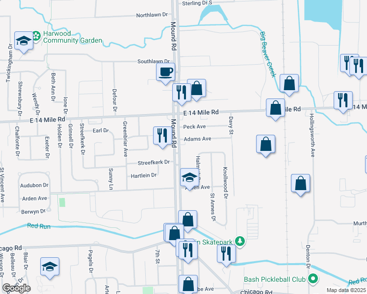 map of restaurants, bars, coffee shops, grocery stores, and more near 32744 Mound Road in Warren