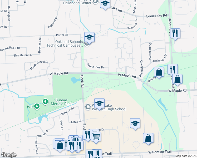 map of restaurants, bars, coffee shops, grocery stores, and more near 1000 Shearwater Circle in Walled Lake