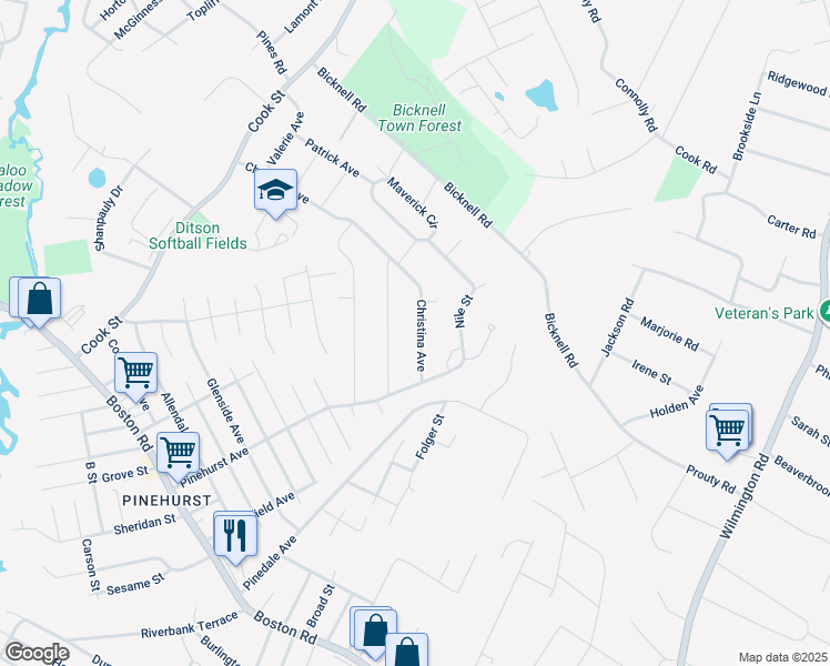 map of restaurants, bars, coffee shops, grocery stores, and more near 49 Christina Avenue in Billerica