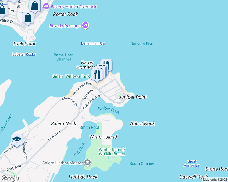 map of restaurants, bars, coffee shops, grocery stores, and more near 116 Columbus Avenue in Salem