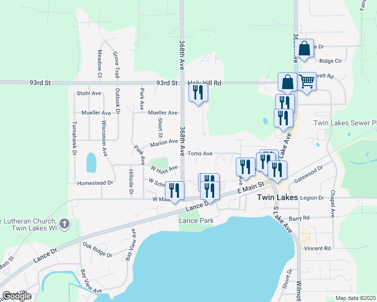 map of restaurants, bars, coffee shops, grocery stores, and more near 110 Toms Avenue in Twin Lakes