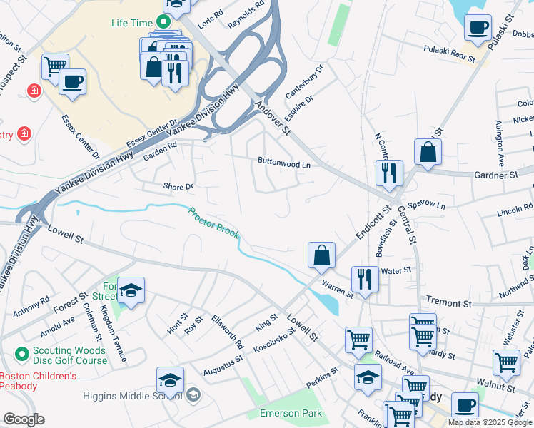 map of restaurants, bars, coffee shops, grocery stores, and more near 20 Jill's Way in Peabody