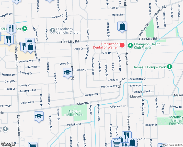 map of restaurants, bars, coffee shops, grocery stores, and more near 32403 Beechwood Dr in Warren
