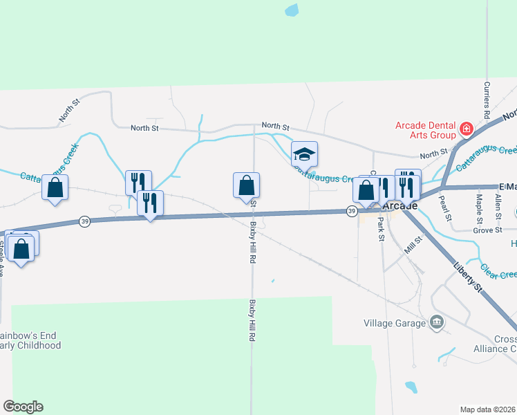 map of restaurants, bars, coffee shops, grocery stores, and more near 451 West Main Street in Arcade