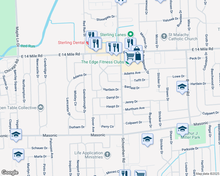 map of restaurants, bars, coffee shops, grocery stores, and more near 13407 Hartlein Drive in Warren