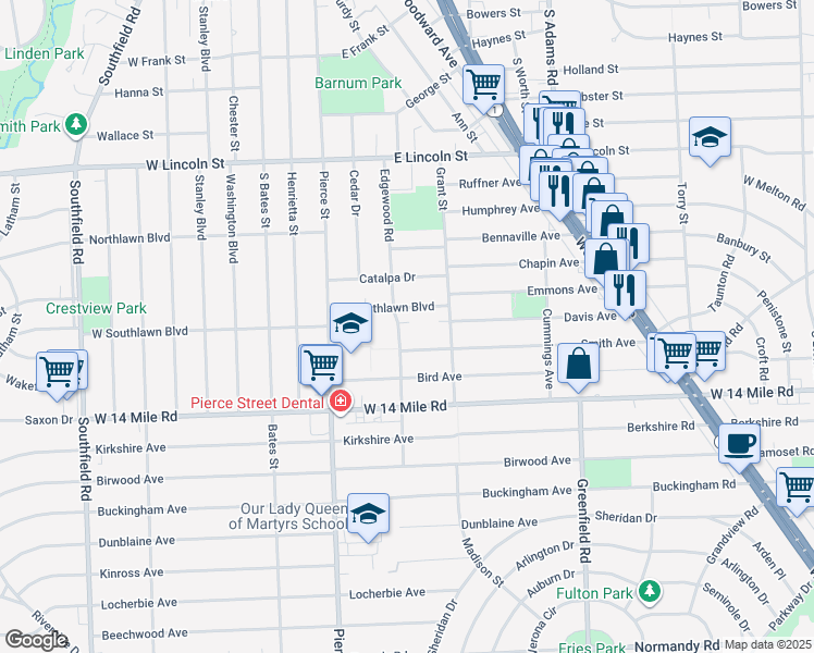 map of restaurants, bars, coffee shops, grocery stores, and more near 1794 Grant Street in Birmingham