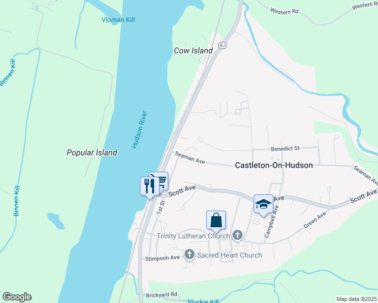map of restaurants, bars, coffee shops, grocery stores, and more near 6 Allendorph Way in Castleton-on-Hudson