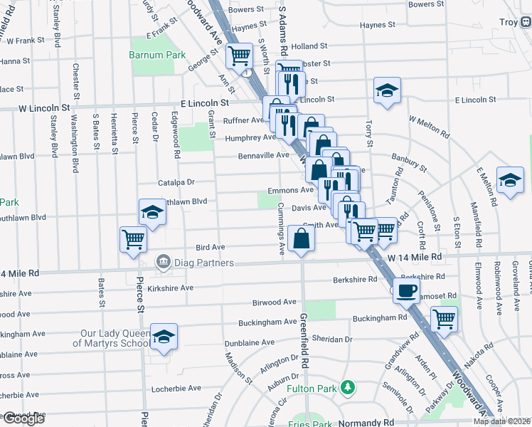 map of restaurants, bars, coffee shops, grocery stores, and more near 960 Davis Avenue in Birmingham