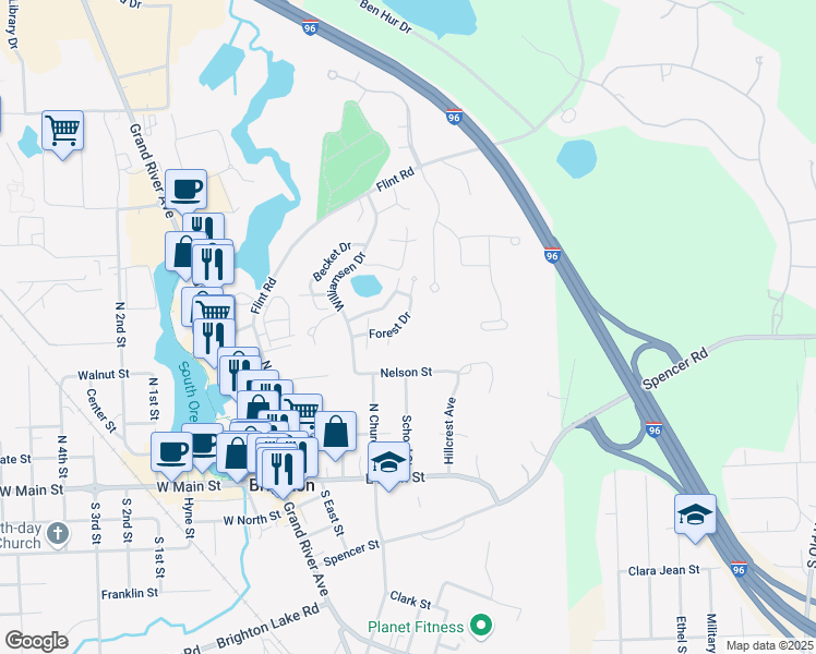 map of restaurants, bars, coffee shops, grocery stores, and more near 446 Forest Drive in Brighton