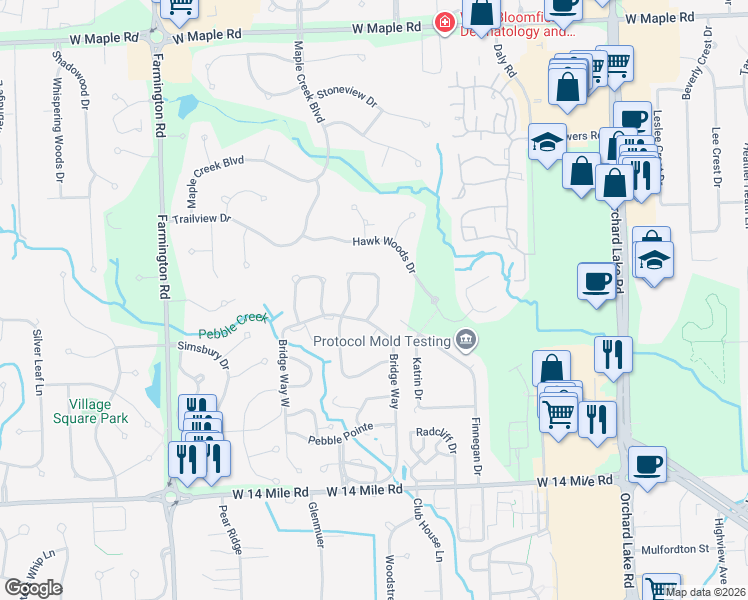 map of restaurants, bars, coffee shops, grocery stores, and more near 6945 Pebble Park Circle in West Bloomfield Township