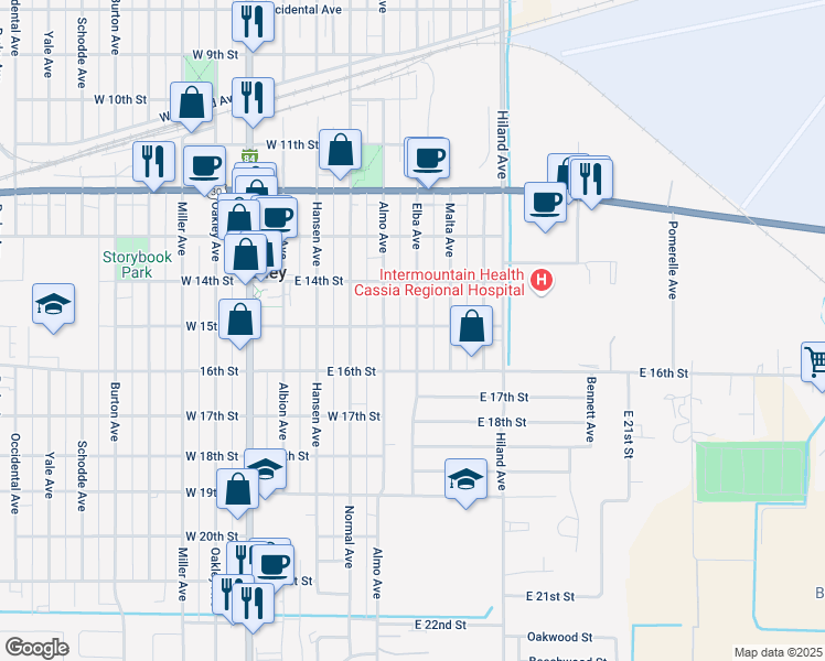 map of restaurants, bars, coffee shops, grocery stores, and more near 537 East 15th Street in Burley