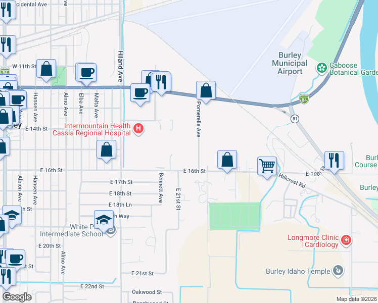 map of restaurants, bars, coffee shops, grocery stores, and more near 1510 Pomerelle Avenue in Burley