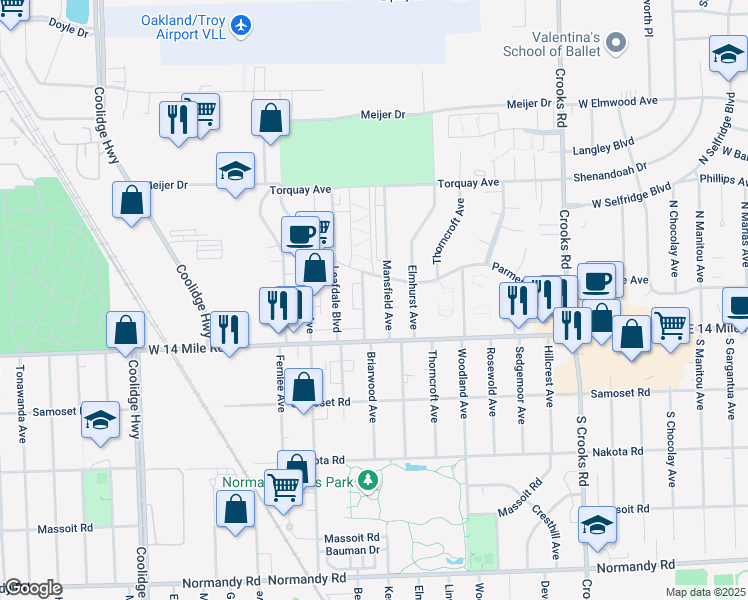 map of restaurants, bars, coffee shops, grocery stores, and more near 4839 Briarwood Avenue in Royal Oak