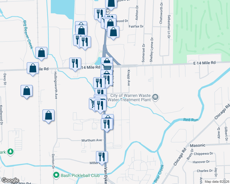 map of restaurants, bars, coffee shops, grocery stores, and more near 32600 Ruehle Avenue in Warren