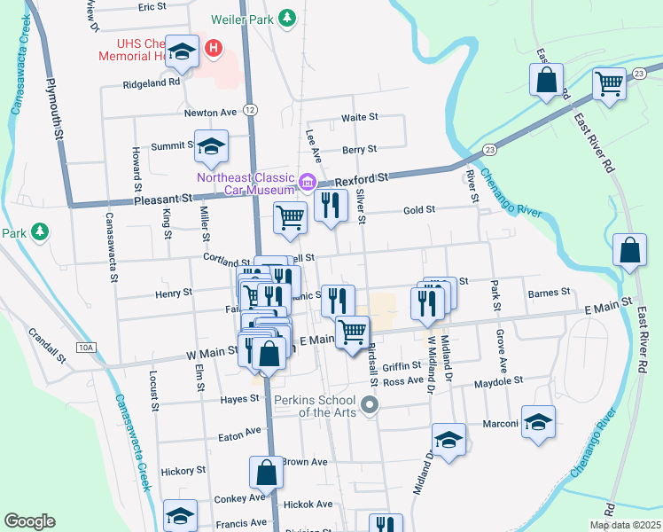 map of restaurants, bars, coffee shops, grocery stores, and more near 32.5 Mitchell Street in Norwich
