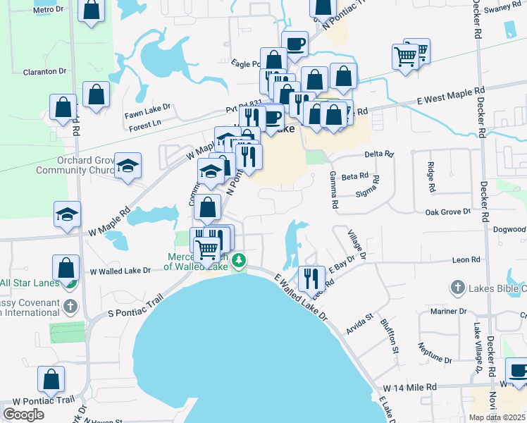 map of restaurants, bars, coffee shops, grocery stores, and more near 442 Nicolet Street in Walled Lake