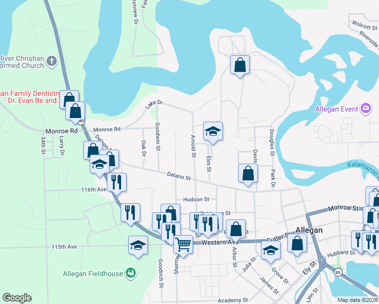map of restaurants, bars, coffee shops, grocery stores, and more near 171 Arnold Street in Allegan