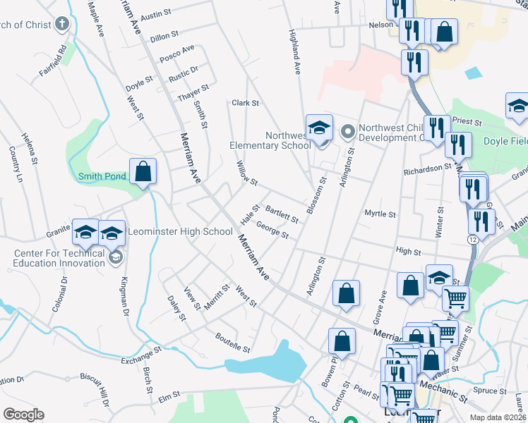 map of restaurants, bars, coffee shops, grocery stores, and more near 52 Bartlett Street in Leominster