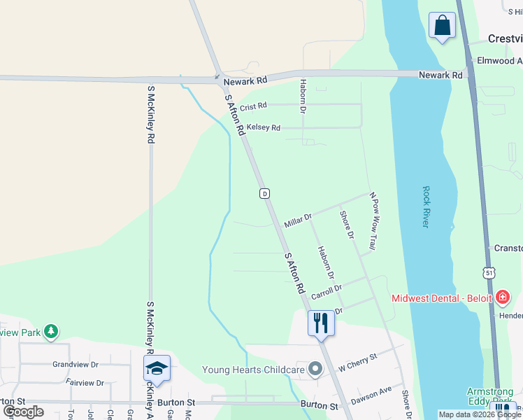 map of restaurants, bars, coffee shops, grocery stores, and more near 2281 South Afton Road in Beloit