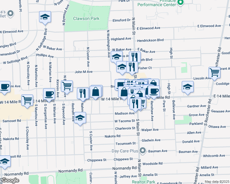 map of restaurants, bars, coffee shops, grocery stores, and more near 102 North Washington Avenue in Clawson