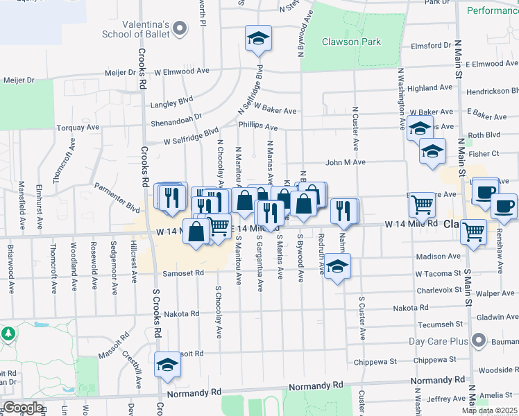 map of restaurants, bars, coffee shops, grocery stores, and more near 825 Broadacre Avenue in Clawson