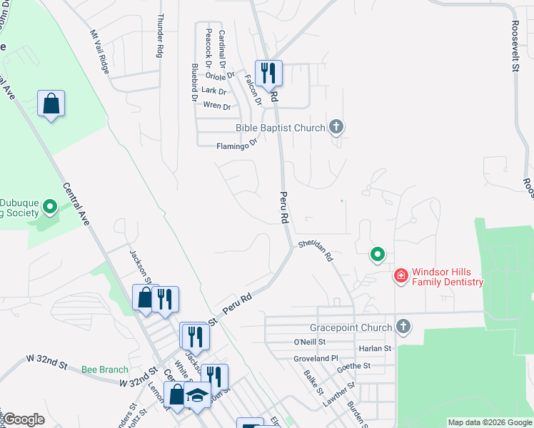 map of restaurants, bars, coffee shops, grocery stores, and more near 3637 Aerostar Dr in Dubuque