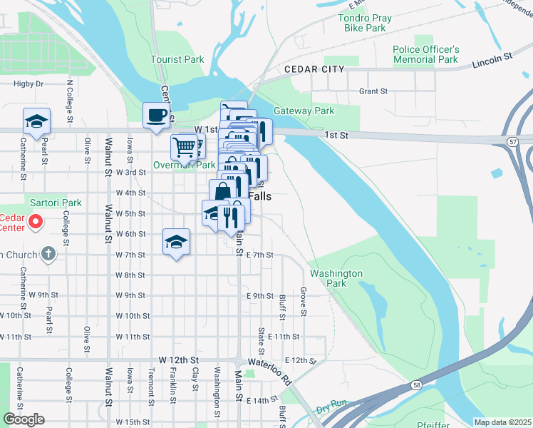 map of restaurants, bars, coffee shops, grocery stores, and more near 221 East 5th Street in Cedar Falls